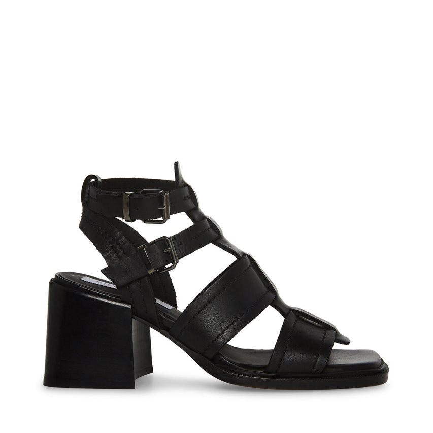 Black Steve Madden Angelene Leather Women\'s Heels Sandals | PH 9786QBA